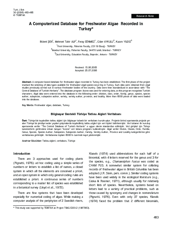 (PDF) A Computerized Database for Freshwater Algae Recorded in Turkey