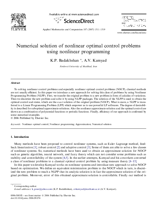 (PDF) Numerical solution of nonlinear optimal control problems using ...