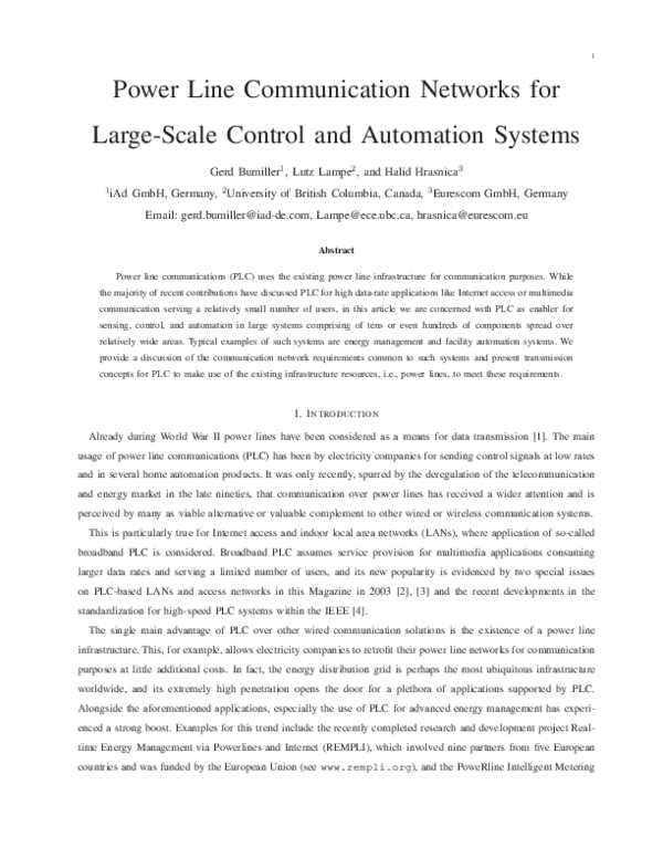 (PDF) Power line communication networks for large-scale control and ...