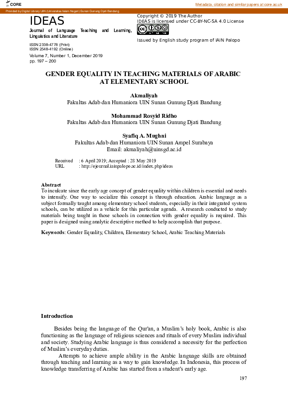 (PDF) Gender Equality in Teaching Materials of Arabic at Elementary School