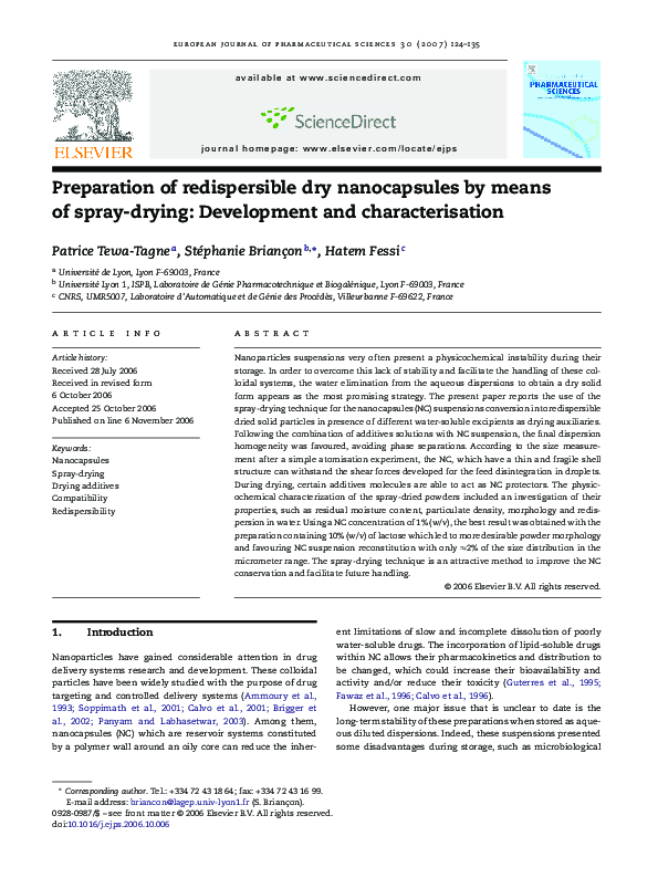 (PDF) Preparation of redispersible dry nanocapsules by means of spray ...