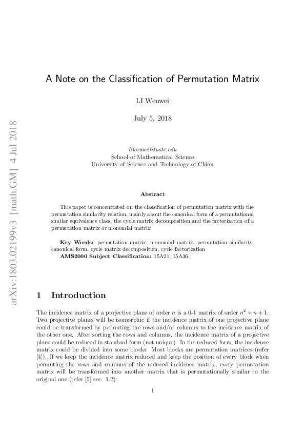 (PDF) A Note on the Classification of Permutation Matrix