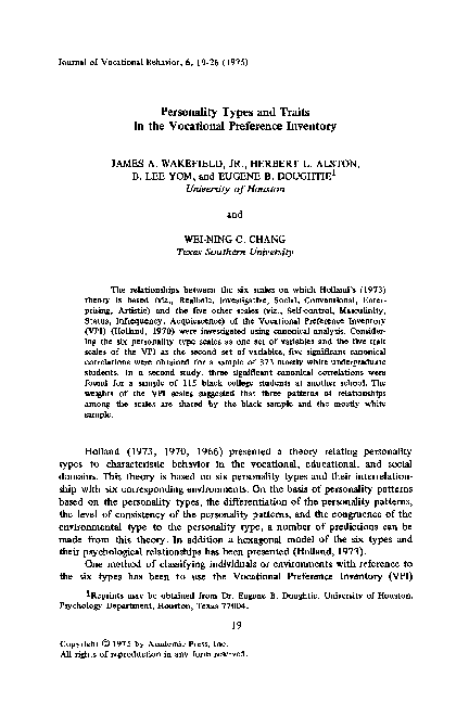(PDF) Personality types and traits in the Vocational Preference Inventory