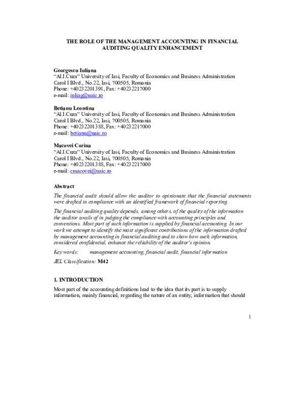 (PDF) The Role of the Management Accounting in Financial Auditing ...