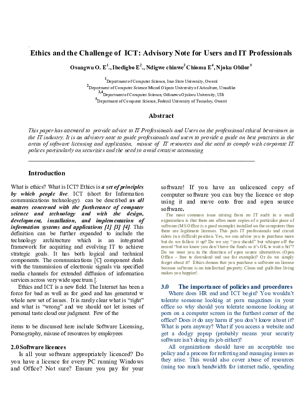 (PDF) Ethics and the challenge of ICT: Advisory note for users and IT ...
