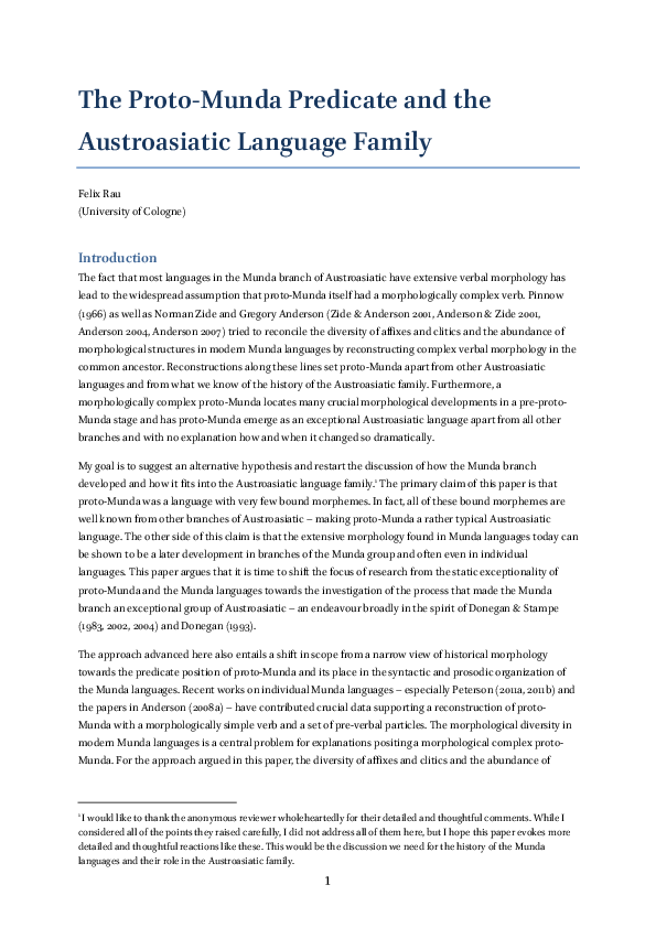 (PDF) The ProtoMunda Predicate and the Austroasiatic Language Family
