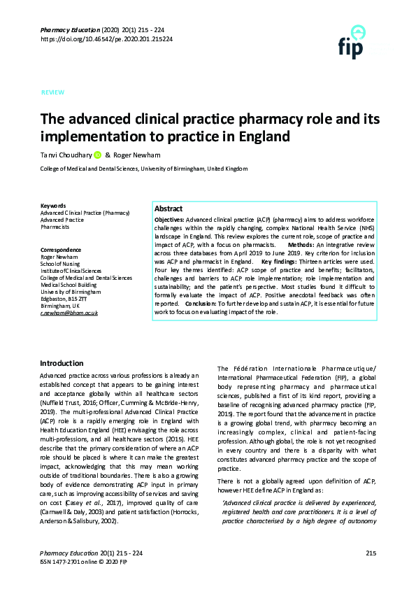 (PDF) The advanced clinical practice pharmacy role and its ...