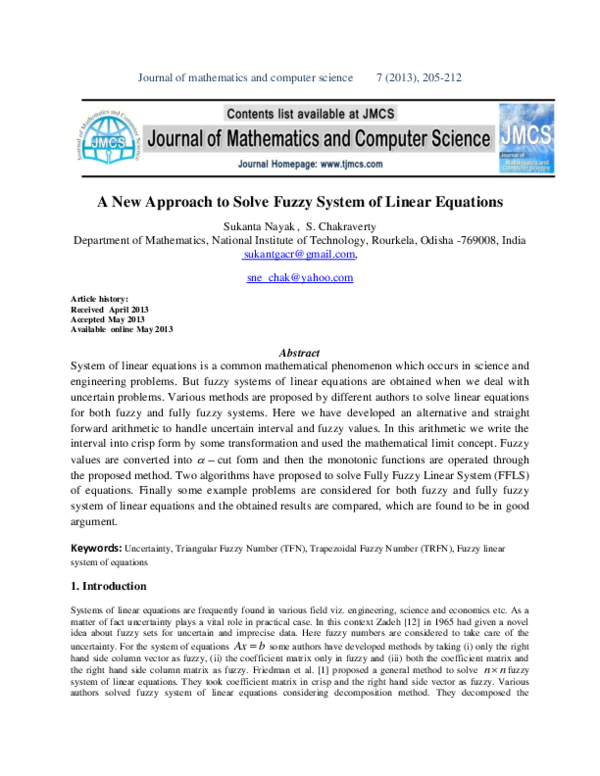 (PDF) A New Approach To Solve Fuzzy System Of Linear Equations