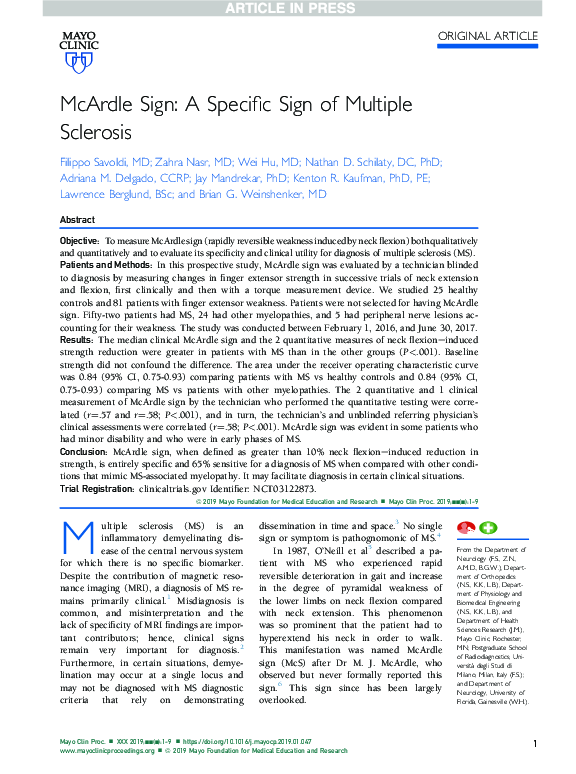 (PDF) McArdle Sign: A Specific Sign of Multiple Sclerosis