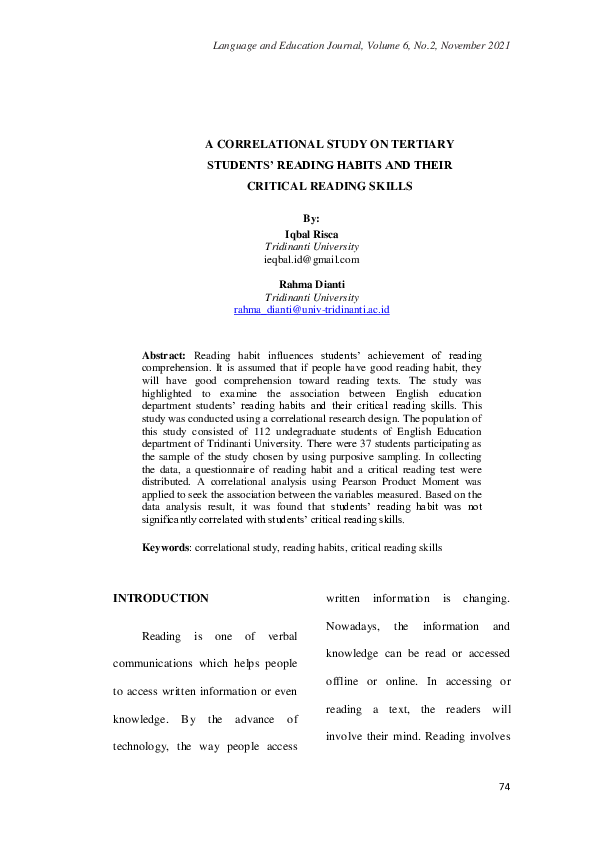 (PDF) A correlational study on tertiary students’ reading habits and