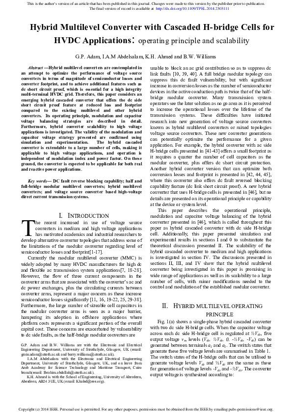 (PDF) Hybrid Multilevel Converter With Cascaded H-bridge Cells for HVDC ...