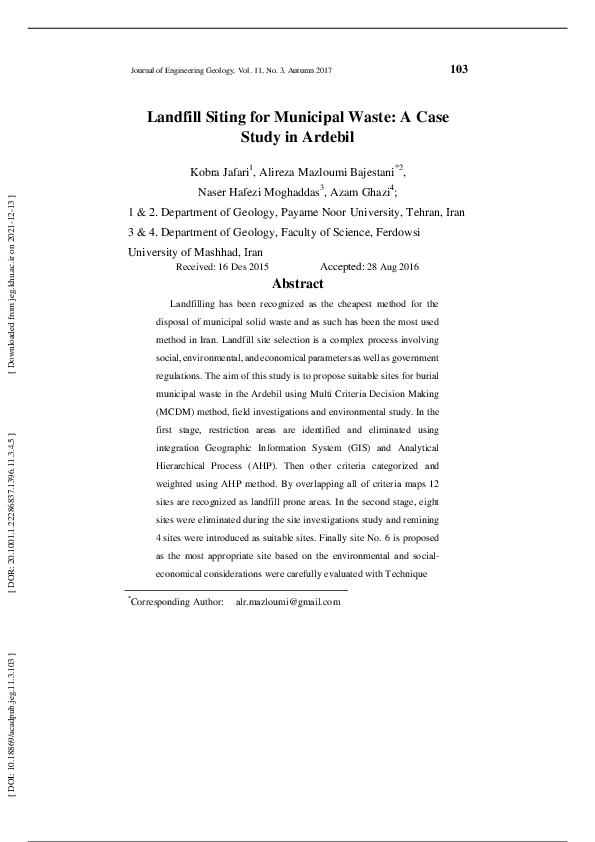 Pdf Landfill Siting For Municipal Waste A Case Study In Ardebil