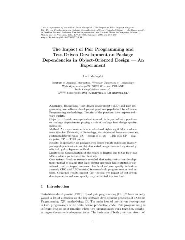 (PDF) The Impact of Pair Programming and Test-Driven Development on ...