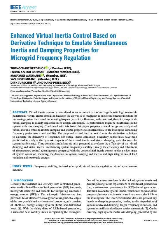 (PDF) Enhanced Virtual Inertia Control Based on Derivative Technique to ...