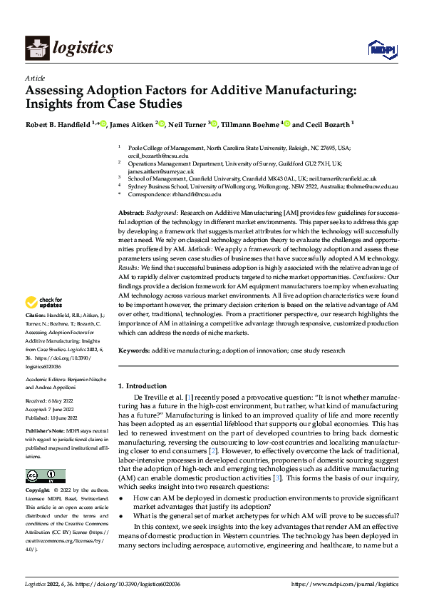 (PDF) Assessing Adoption Factors for Additive Manufacturing: Insights ...