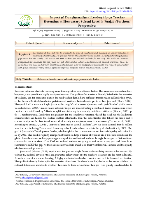 (PDF) Impact of Transformational Leadership on Teacher Retention at ...
