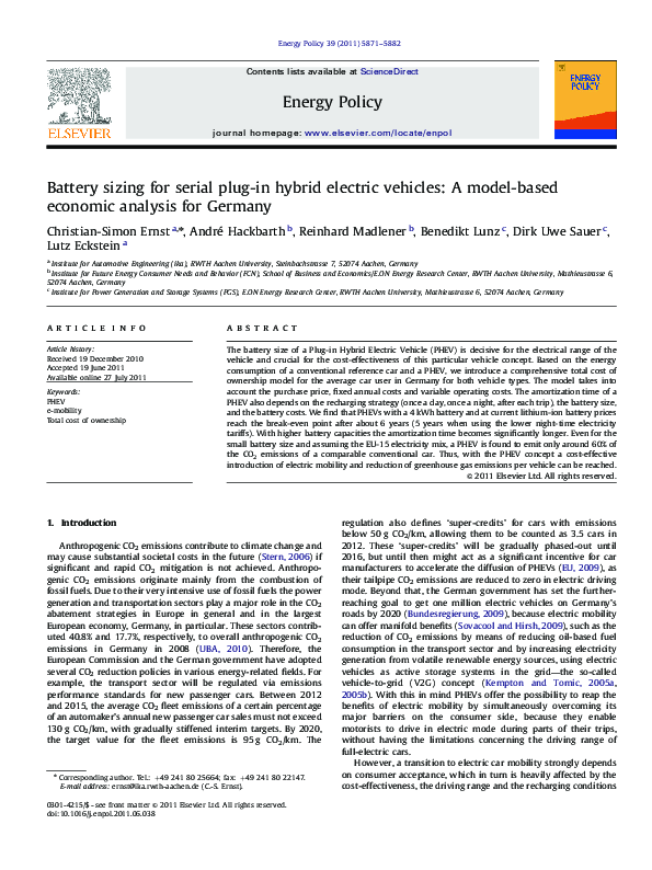 (PDF) Battery sizing for serial plug-in hybrid electric vehicles: A ...