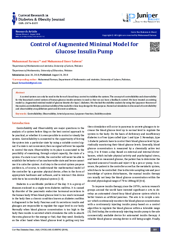 (PDF) Control of Augmented Minimal Model for Glucose Insulin Pump