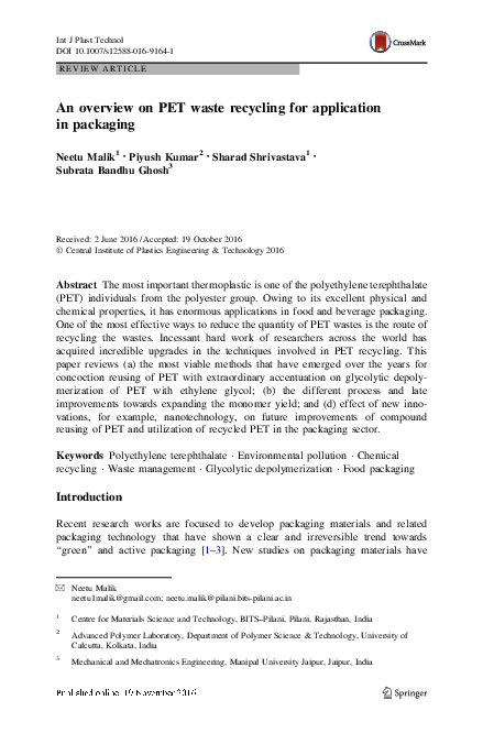 (PDF) An overview on PET waste recycling for application in packaging
