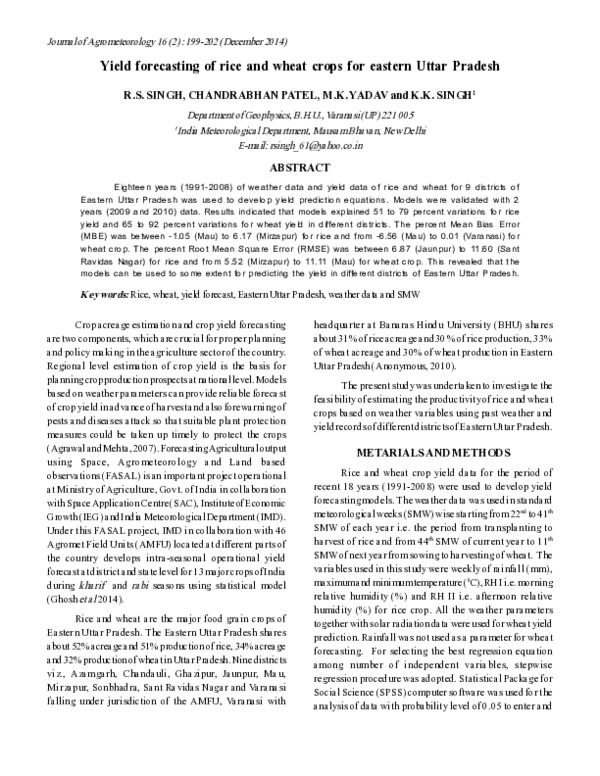 (PDF) Yield forecasting of rice and wheat crops for eastern Uttar Pradesh