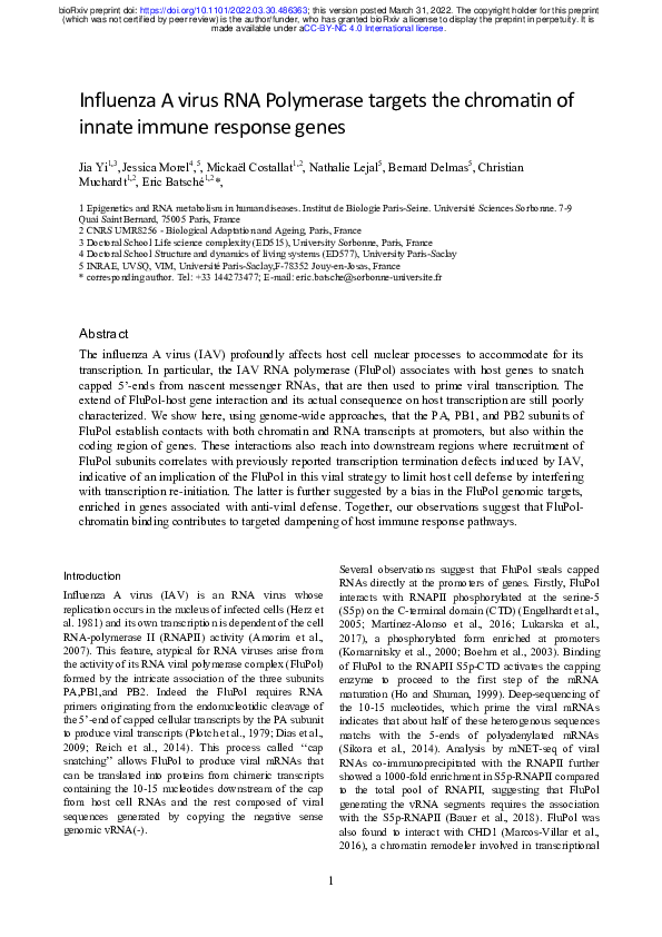 (PDF) Influenza A virus RNA Polymerase targets the chromatin of innate ...