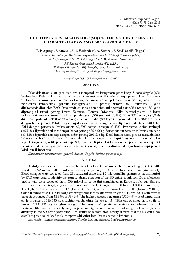 (PDF) The Potency of Sumba Ongole (So) Cattle: A Study of Genetic ...