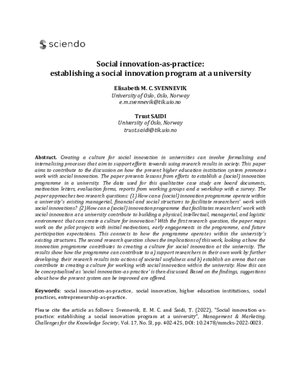 (PDF) Social innovation-as-practice: establishing a social innovation ...