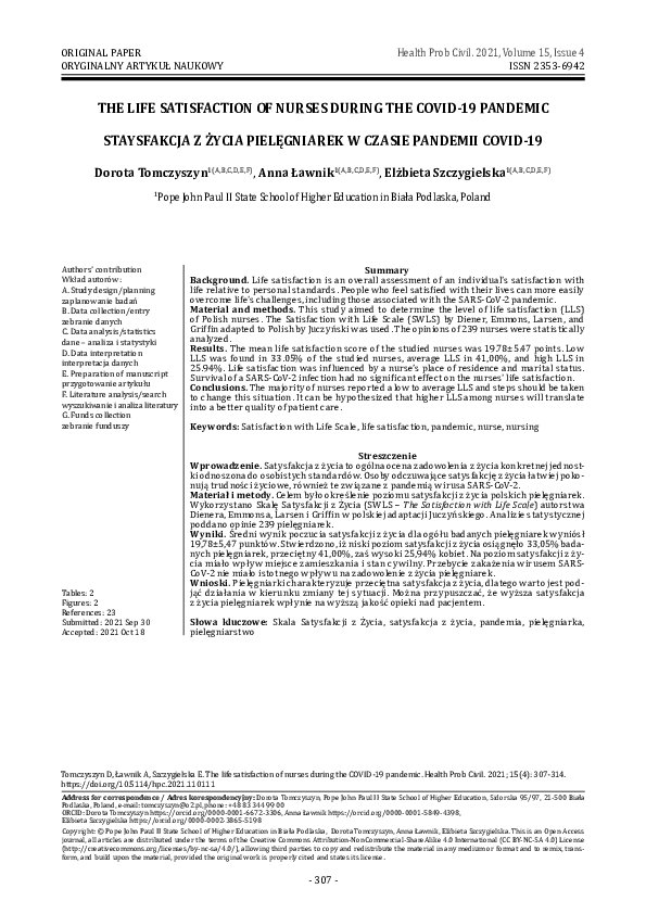(PDF) The life satisfaction of nurses during the covid-19 pandemic