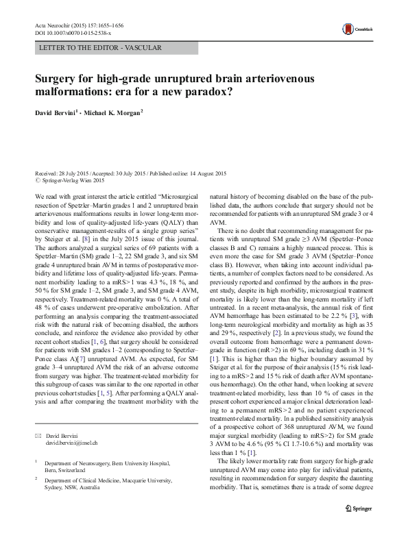 Surgery for high-grade unruptured brain arteriovenous malformations: era for a new paradox?