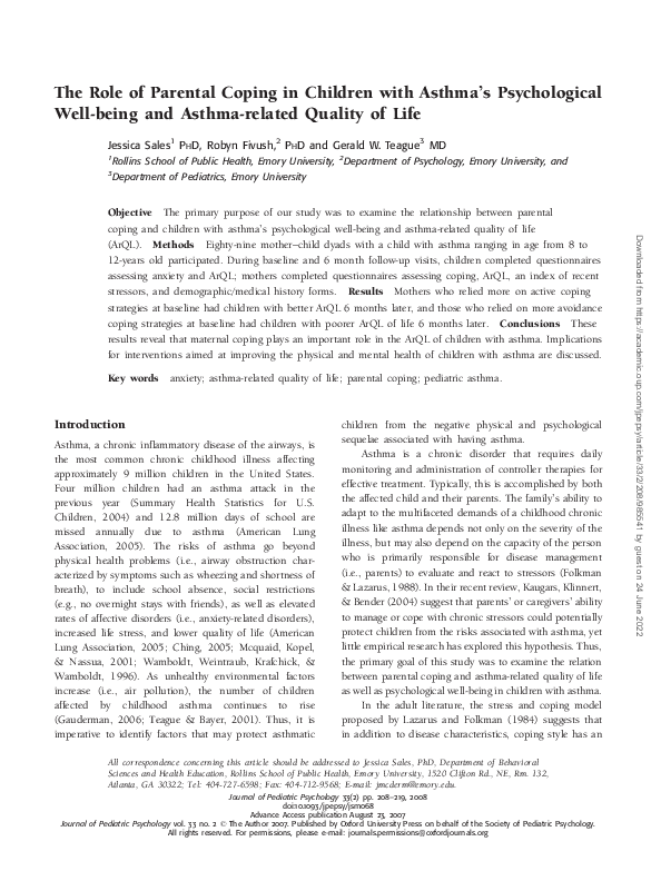 (PDF) The Role of Parental Coping in Children with Asthma's ...