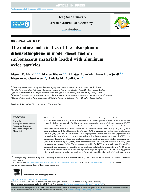 (PDF) The nature and kinetics of the adsorption of dibenzothiophene in ...