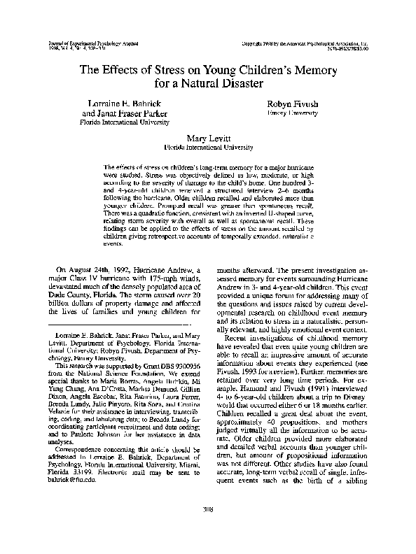 (PDF) The effects of stress on young children's memory for a natural ...