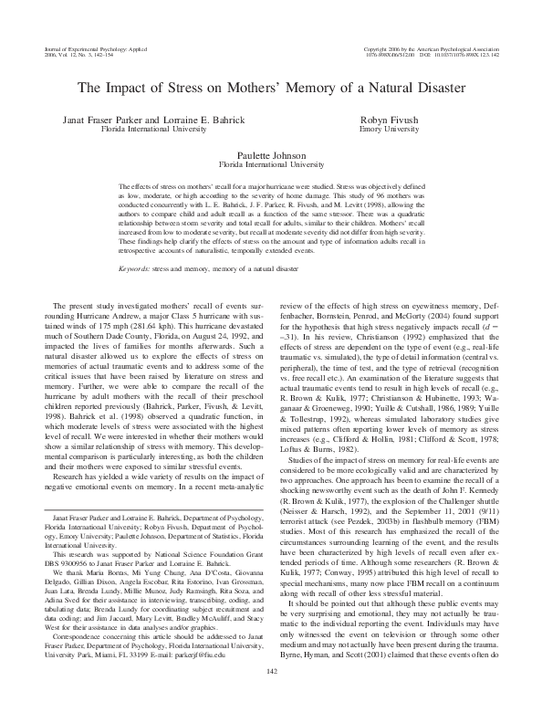 (PDF) The impact of stress on mothers' memory of a natural disaster
