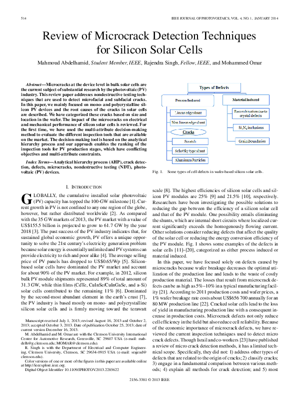 (PDF) Review of Microcrack Detection Techniques for Silicon Solar Cells