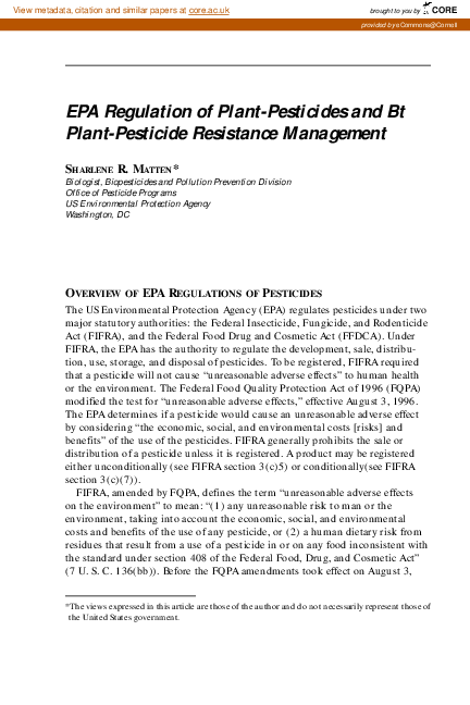 Pdf Epa Regulation Of Plant Pesticides And Bt Plant Pesticide
