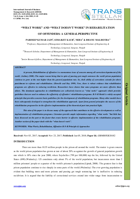 (PDF) What Work and What Doesn\'t Work in Rehabilitation of Offenders ...