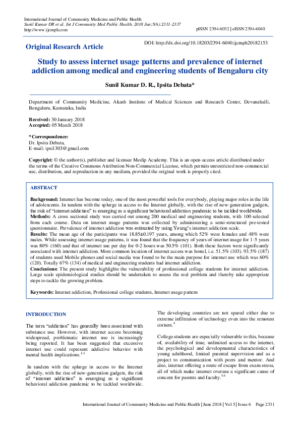 (PDF) Study to assess internet usage patterns and prevalence of ...