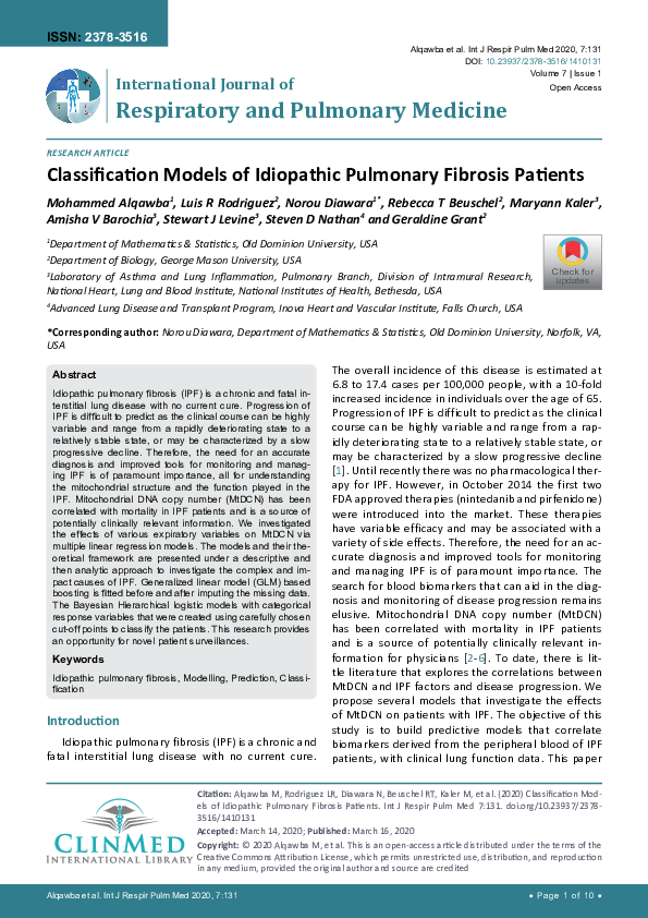 (PDF) Classification Models of Idiopathic Pulmonary Fibrosis Patients