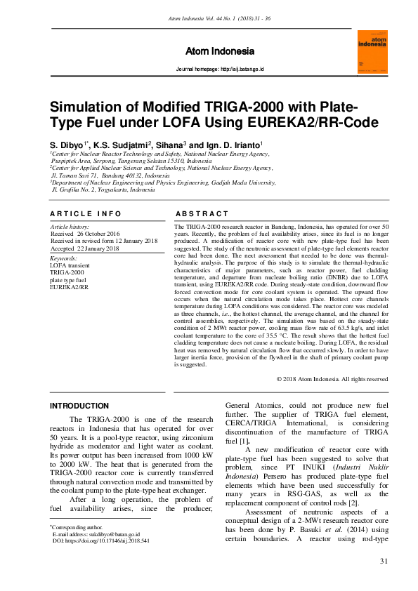 (PDF) Simulation of Modified TRIGA-2000 with Plate-Type Fuel under LOFA ...