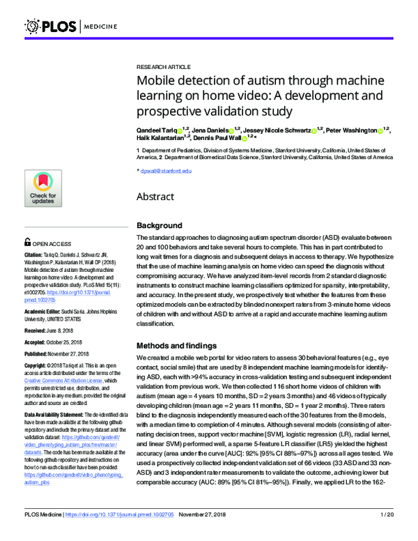 (PDF) Mobile detection of autism through machine learning on home video ...