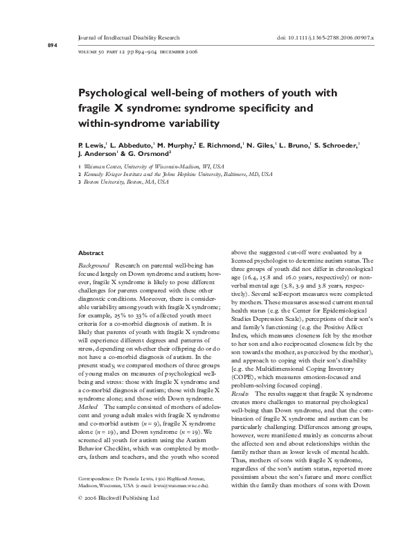 (PDF) Psychological well-being of mothers of youth with fragile X ...