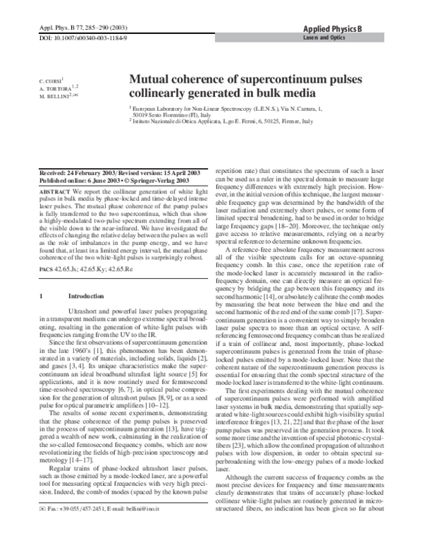 (PDF) Mutual coherence of supercontinuum pulses collinearly generated ...
