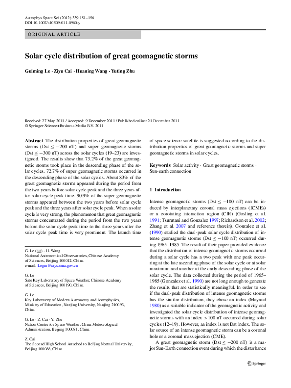(PDF) Solar cycle distribution of great geomagnetic storms