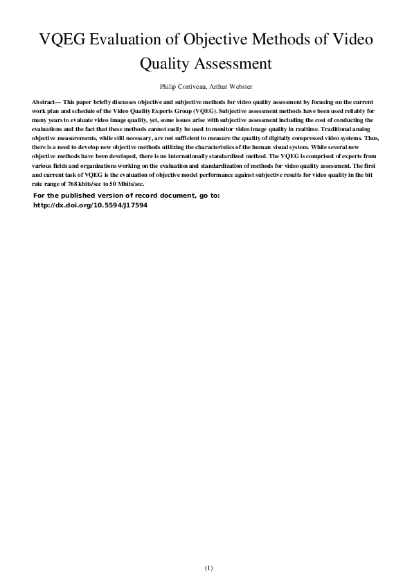 (PDF) VQEG Evaluation of Objective Methods of Video Quality Assessment