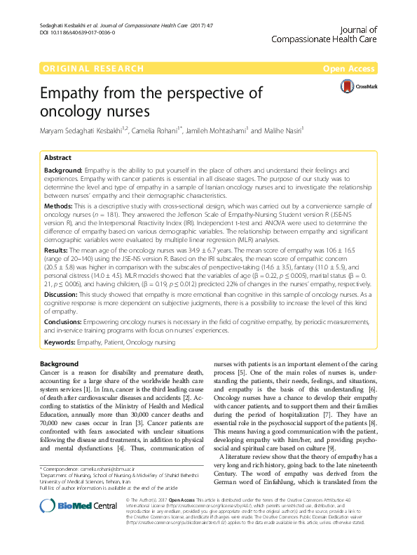 (PDF) Empathy from the perspective of oncology nurses