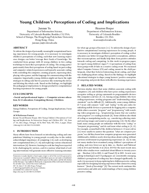 (PDF) Young Children’s Perceptions of Coding and Implications