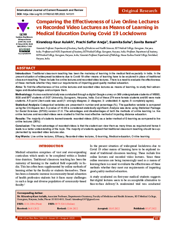 (PDF) Comparing the Effectiveness of Live Online Lectures vs Recorded ...