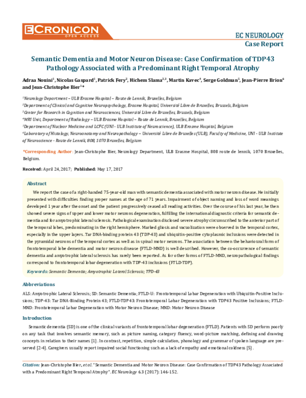 (PDF) Semantic Dementia and Motor Neuron Disease: Case Confirmation of ...