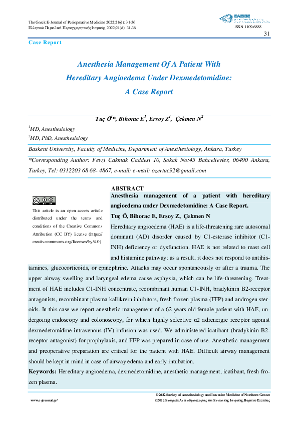 (PDF) Anesthesia Management Of A Patient With Hereditary Angioedema Under Dexmedetomidine A