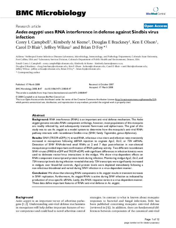 (PDF) Aedes aegyptiuses RNA interference in defense against Sindbis ...